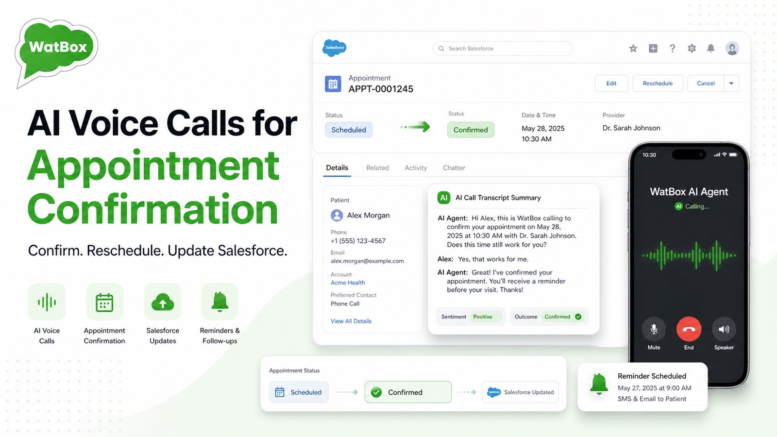 AI voice call appointment confirmation workflow in Salesforce with WatBox AI Agent voice