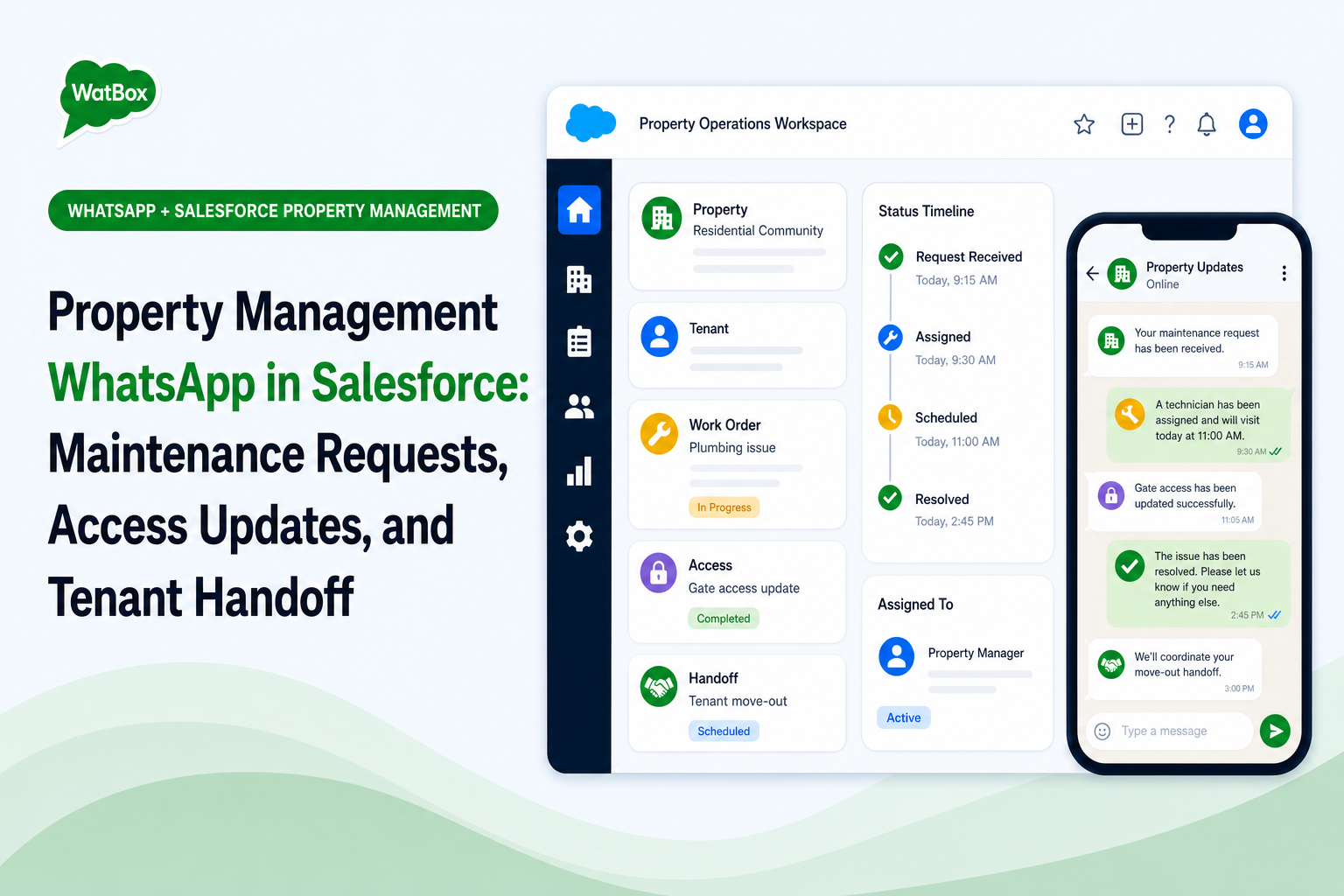 Property management WhatsApp workflow for maintenance requests, access updates, vendor scheduling, and tenant handoff in Salesforce