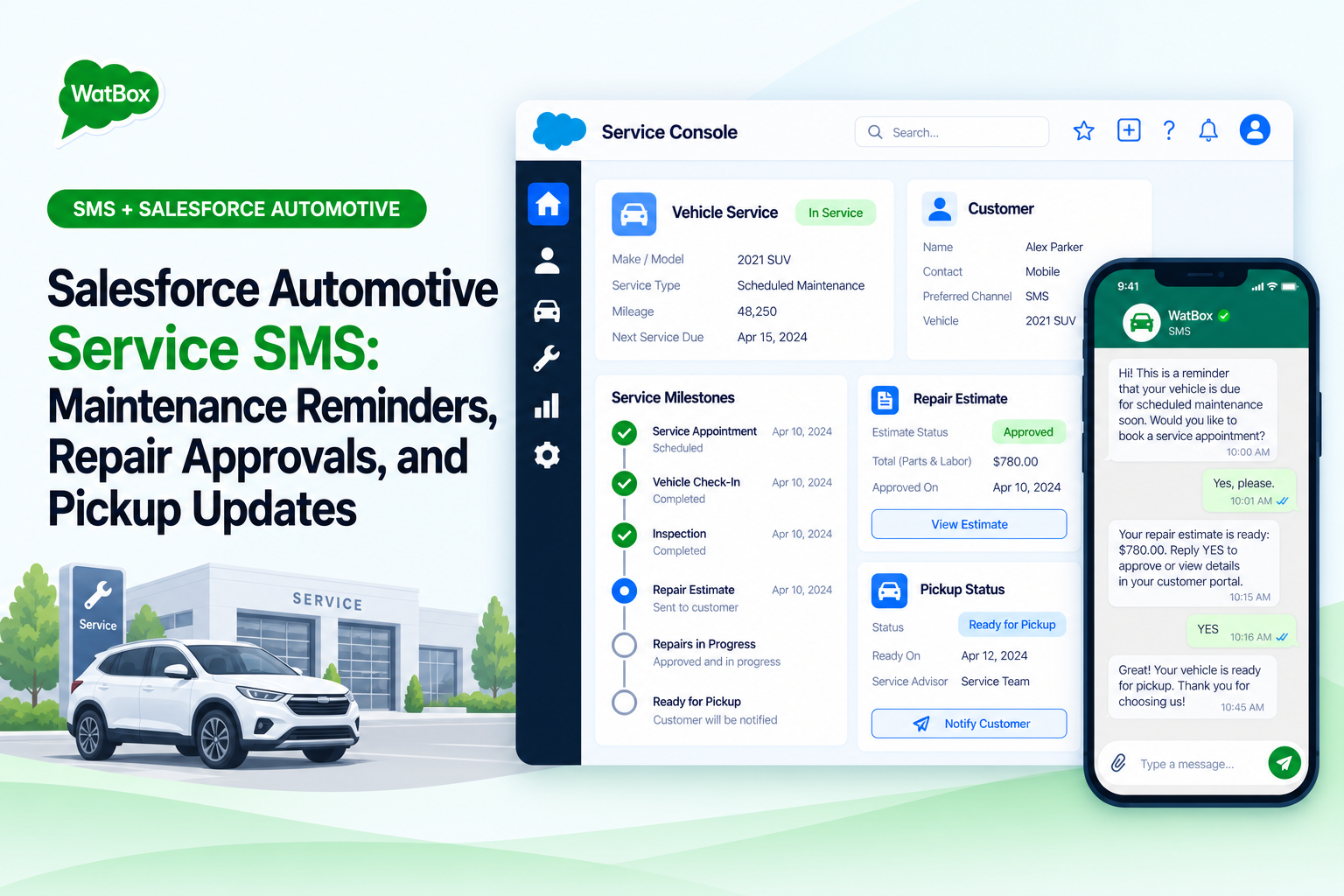 Salesforce automotive service SMS workflow for maintenance reminders, repair estimate approvals, service milestones, and pickup updates