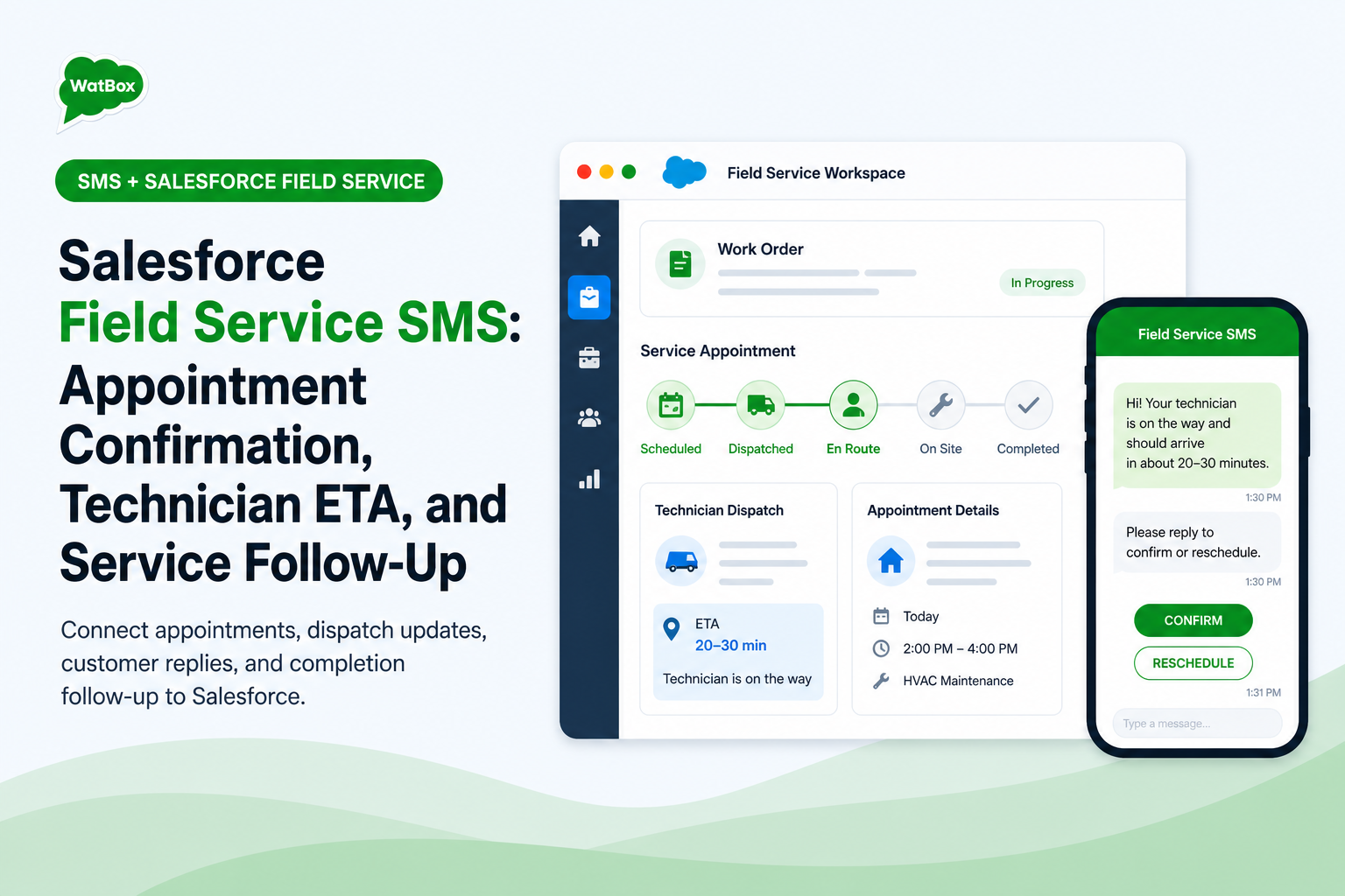Salesforce Field Service SMS workflow for appointment confirmation, technician ETA, dispatch updates, and service follow-up
