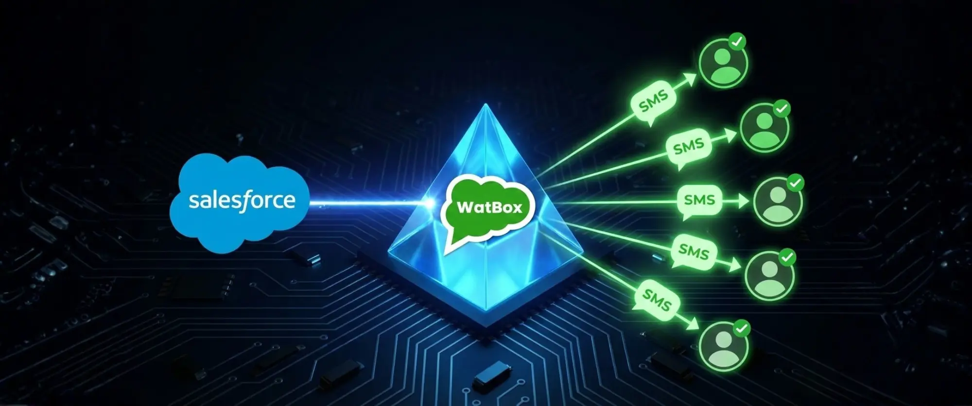 Shift from manual texting to automated logic with Salesforce Flow Builder using watbox’s SMS Salesforce Integration.