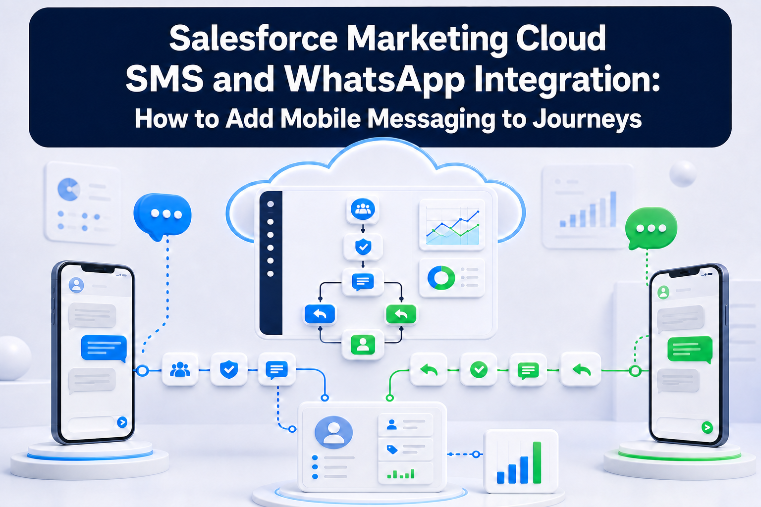 Salesforce Marketing Cloud journey with consent-aware SMS and WhatsApp messaging, replies, CRM updates, and analytics