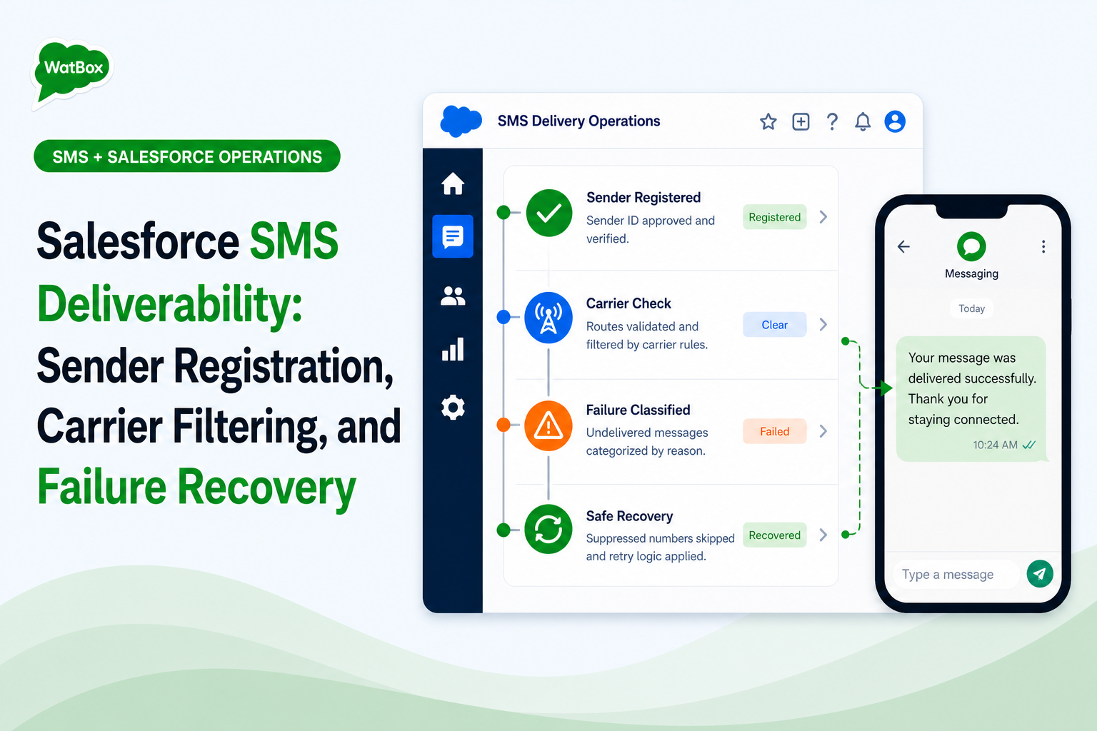 Salesforce SMS deliverability workflow for sender registration, carrier filtering, failure classification, and safe recovery