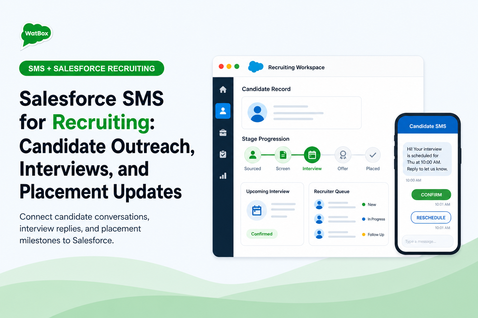 Salesforce SMS recruiting workflow for candidate outreach, interviews, recruiter queues, and placement updates