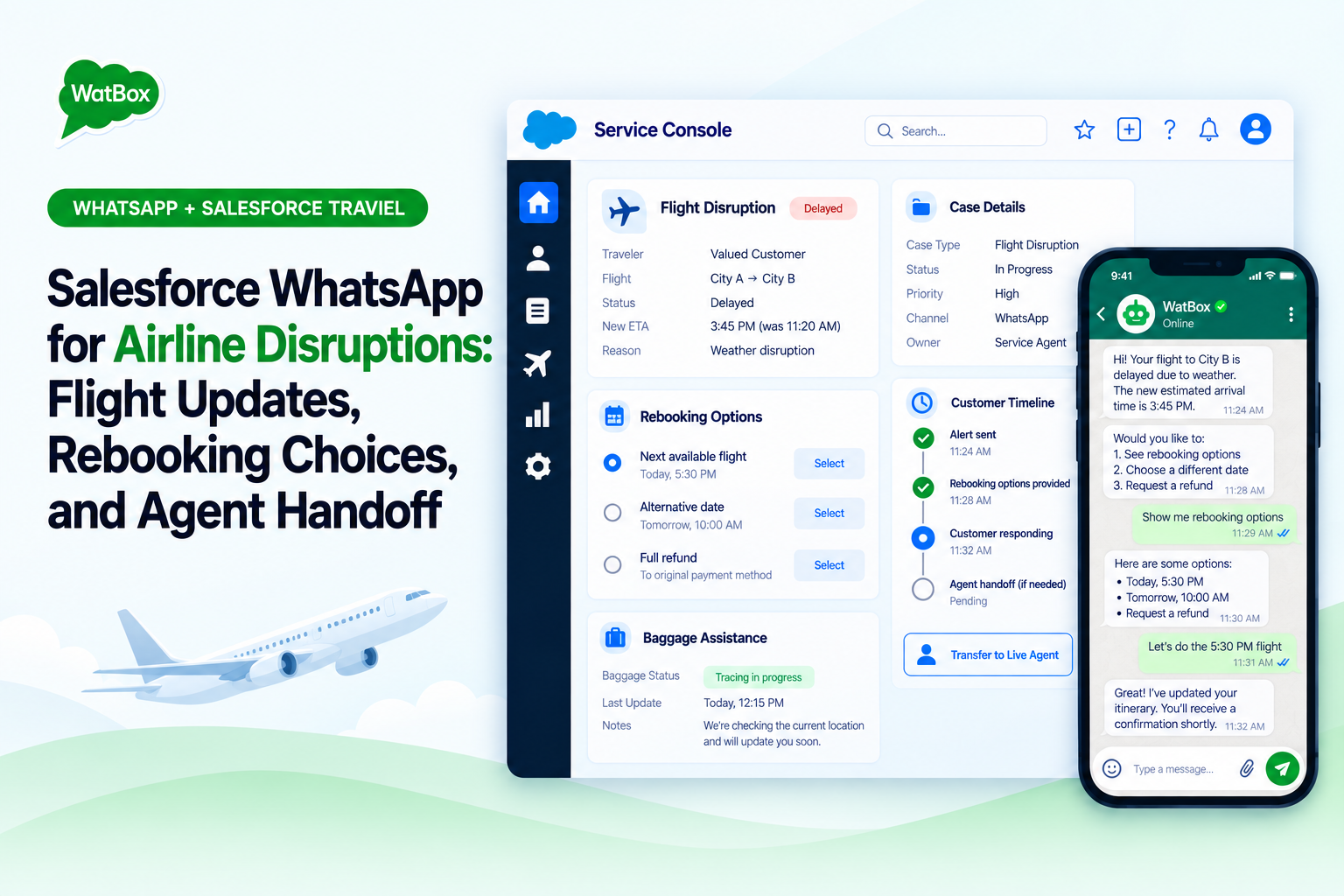 Salesforce WhatsApp airline disruption workflow for current flight updates, rebooking choices, baggage exceptions, and agent handoff