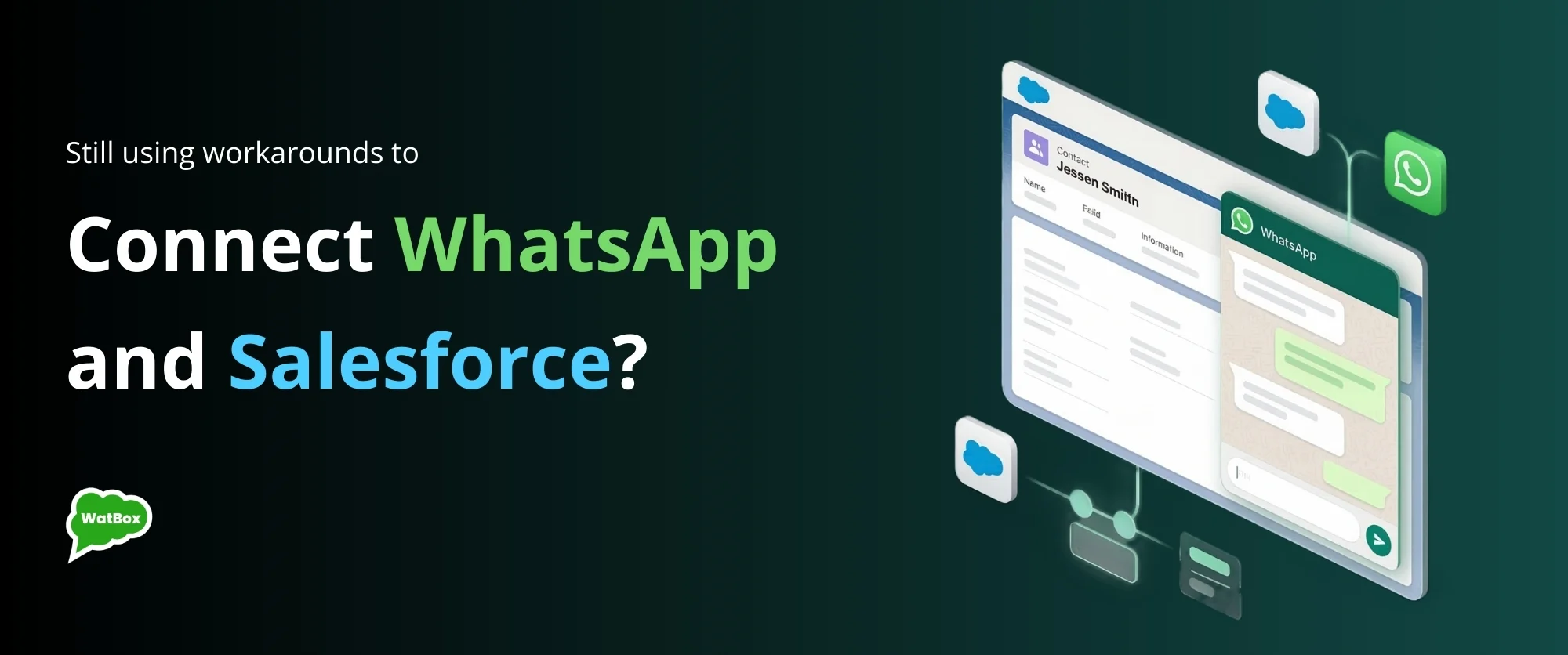 Illustration of Salesforce CRM connected to WhatsApp chat showing salesforce whatsapp integration
