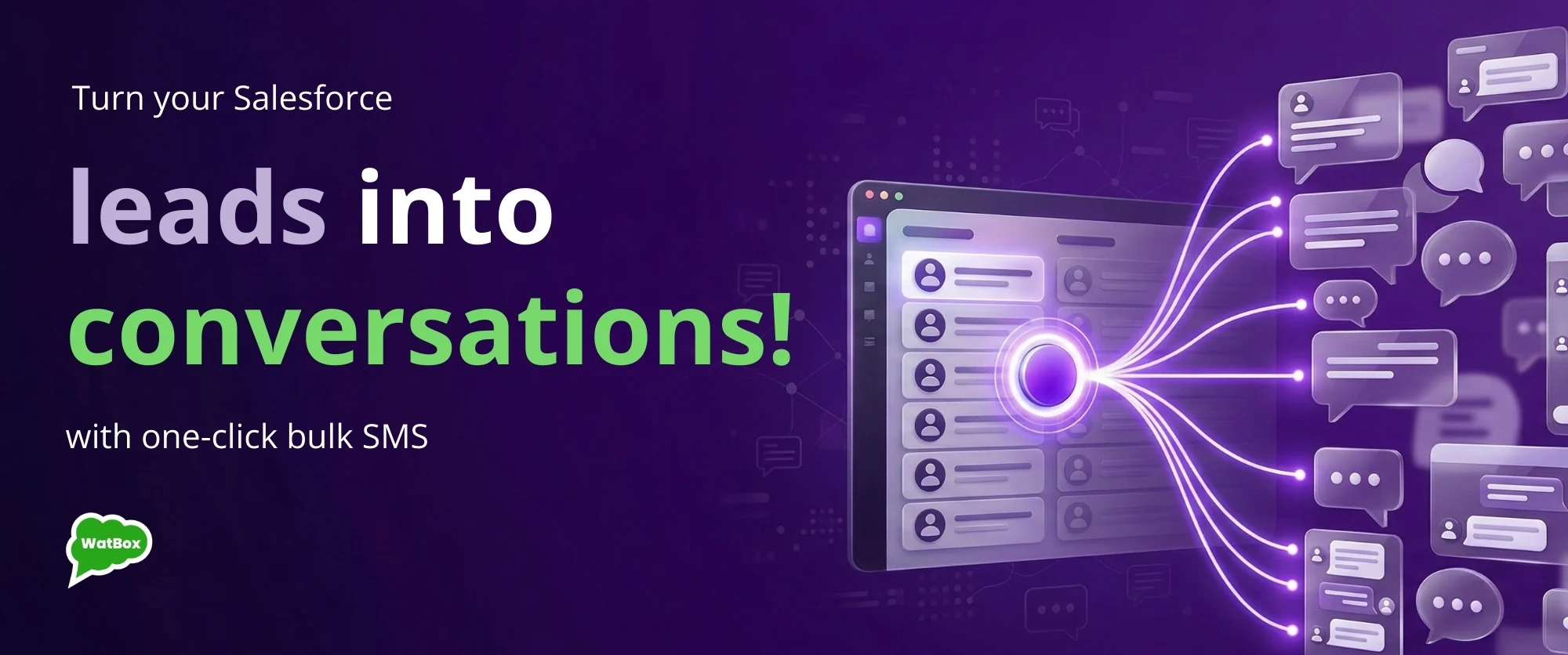 A violet banner with glowing lines connecting a Salesforce interface to chat bubbles for send sms salesforce.