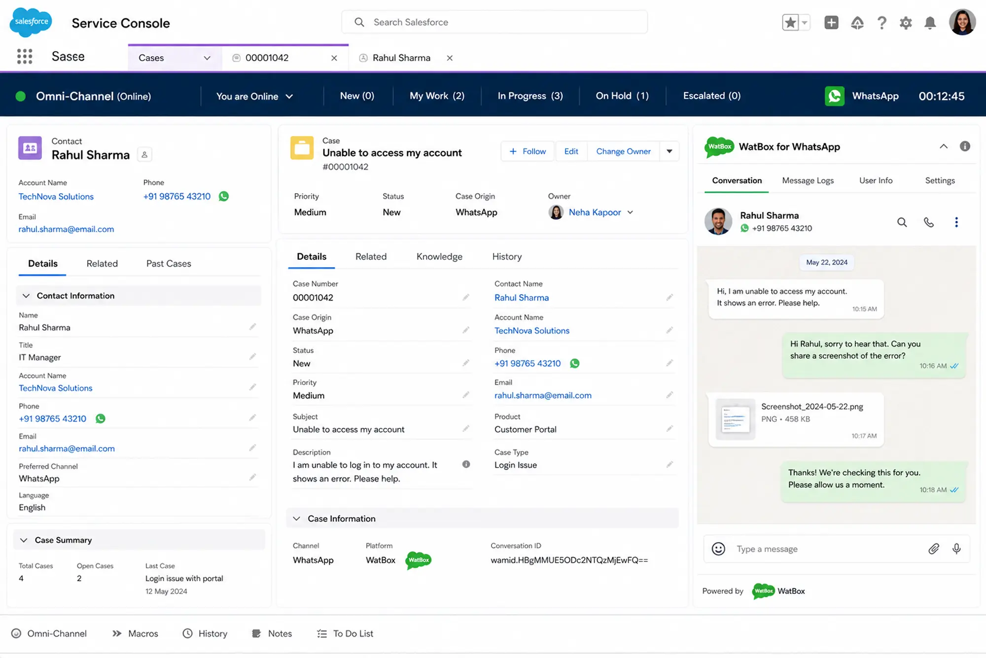 Salesforce dashboard showing WhatsApp activity tracking with message logs, case details, and conversation thread enabled by WatBox integration