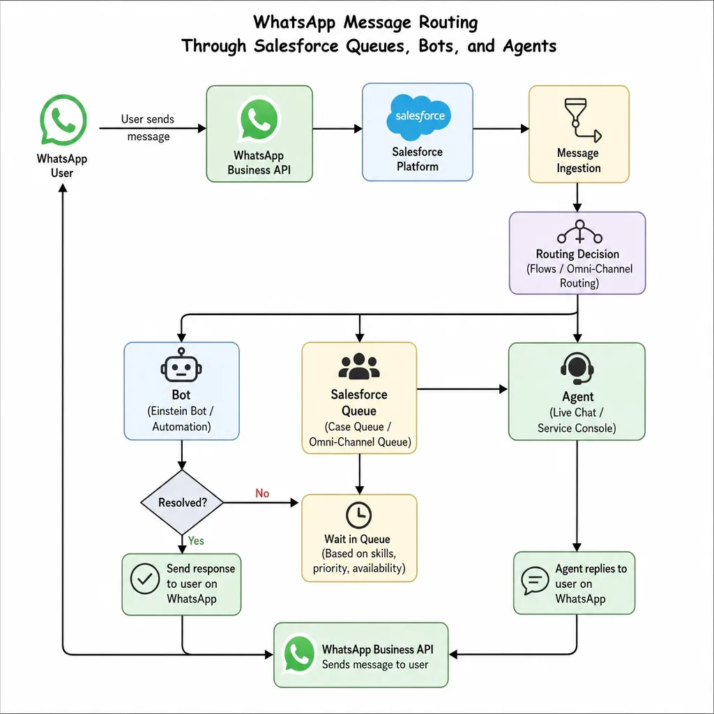 WhatsApp message routing through Salesforce queues, bots, and agents flow diagram