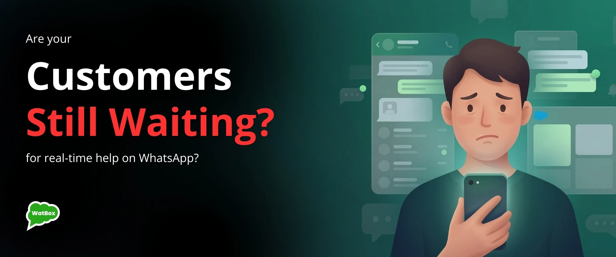 Frustrated customer checking phone while waiting for reply via WhatsApp and Salesforce support