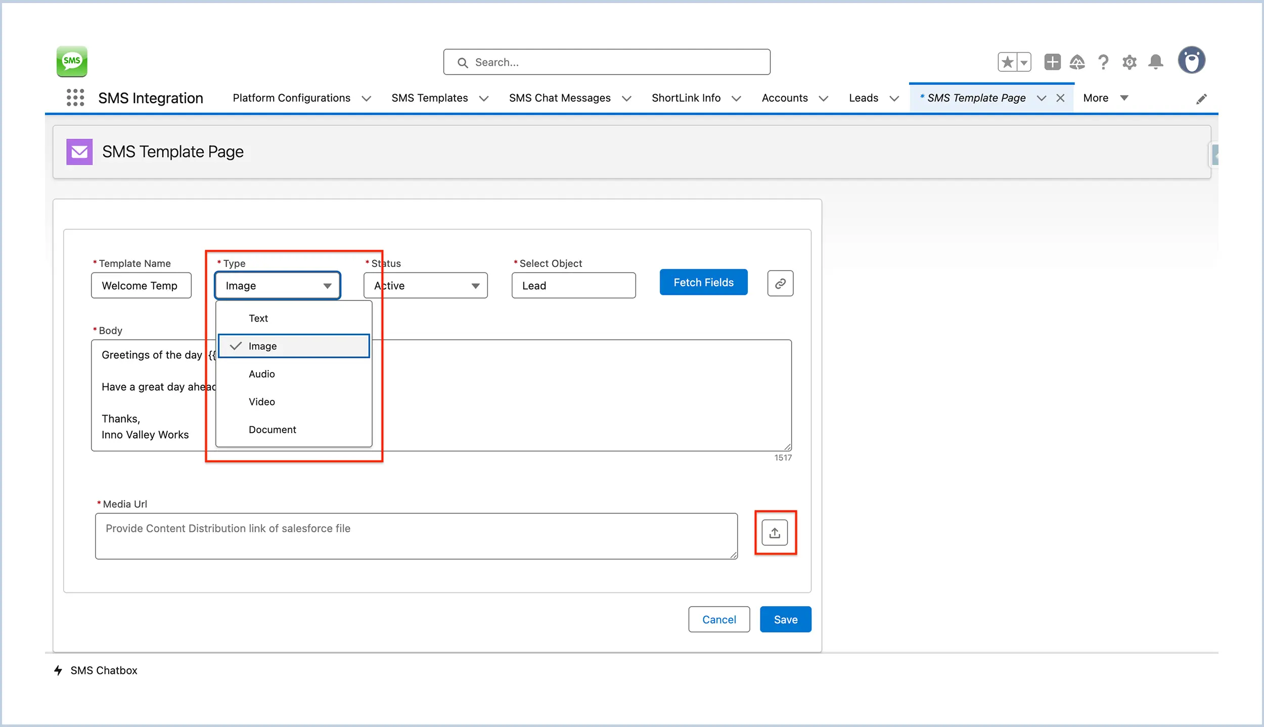 Final step – Save SMS template in Salesforce via WatBox